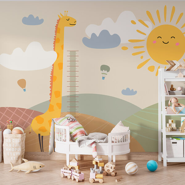 Een giraffe in een veld met een zon en wolken Een giraffe in een veld met een zon en wolken