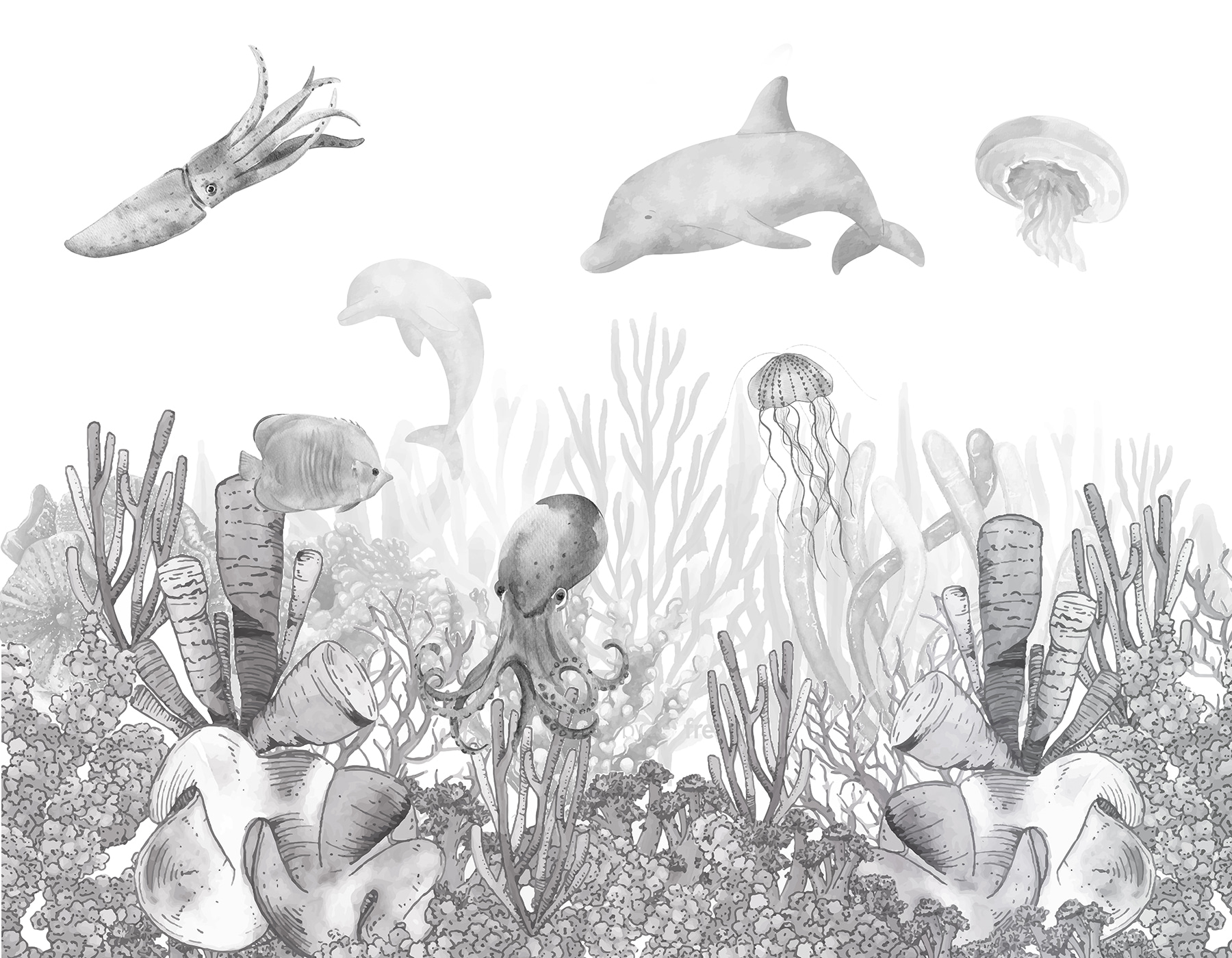 A sea life with fish and jellyfish