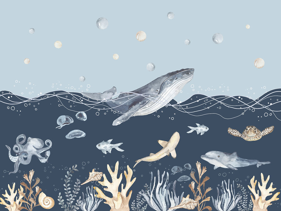 Een aquarel van een walvis en vis