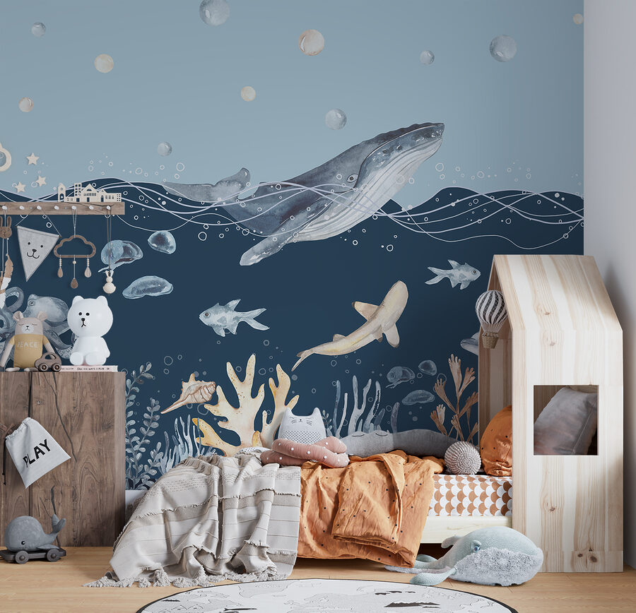 Een aquarel van een walvis en vis