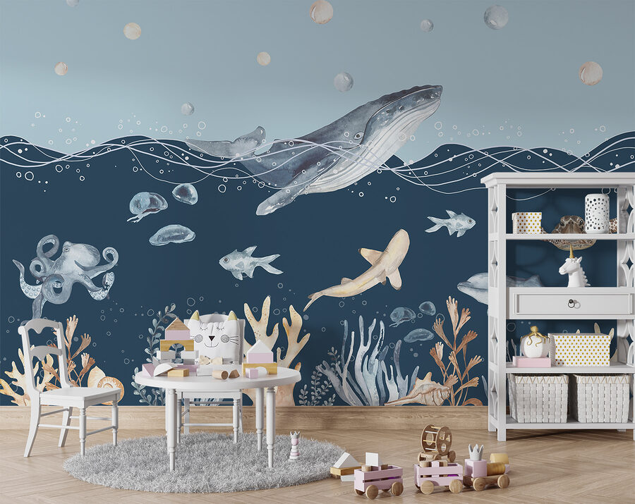 Een aquarel van een walvis en vis