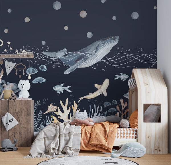 Een aquarel van een walvis en vis Een aquarel van een walvis en vis