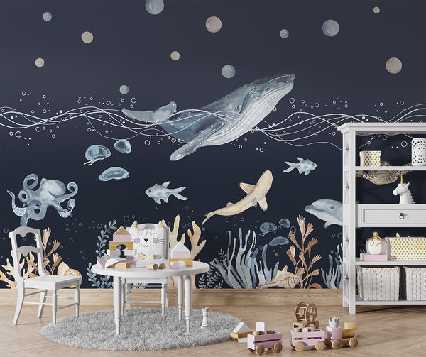Een aquarel van een walvis en vis Een aquarel van een walvis en vis