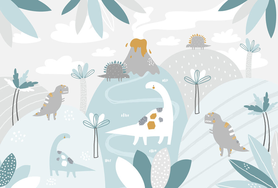 Een cartoon dinosaurus met een vulkaan en planten Een cartoon dinosaurus met een vulkaan en planten