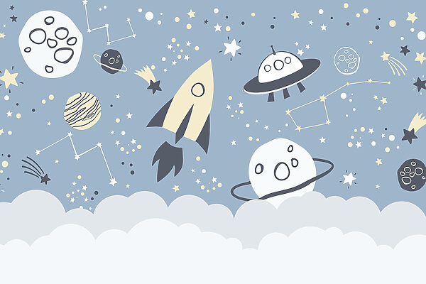 Een cartoonachtig ruimtetafereel met planeten en sterren Een cartoonachtig ruimtetafereel met planeten en sterren