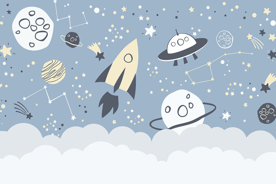 Een cartoonachtig ruimtetafereel met planeten en sterren