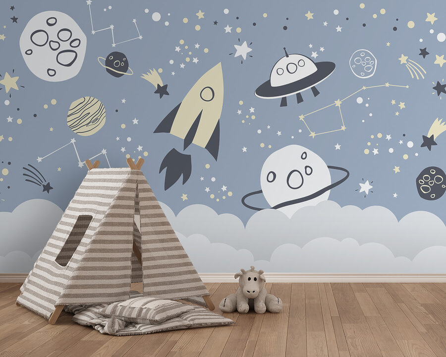 Een cartoonachtig ruimtetafereel met planeten en sterren