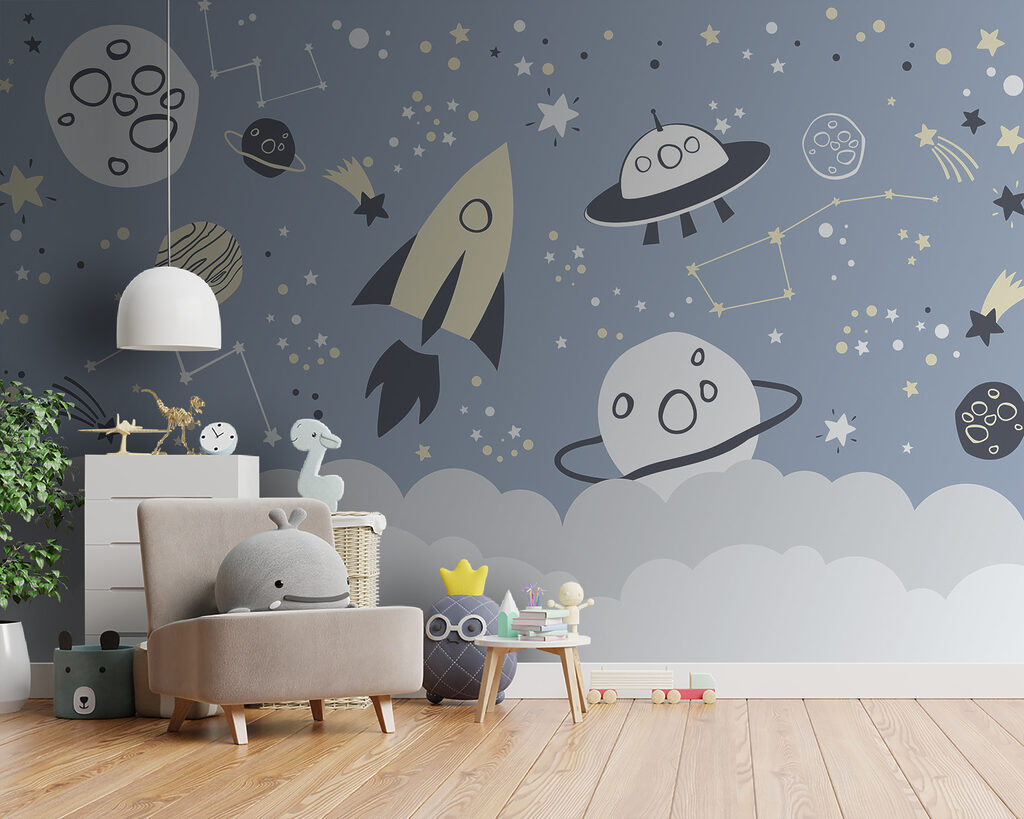 A cartoon space scene with planets and stars A cartoon space scene with planets and stars