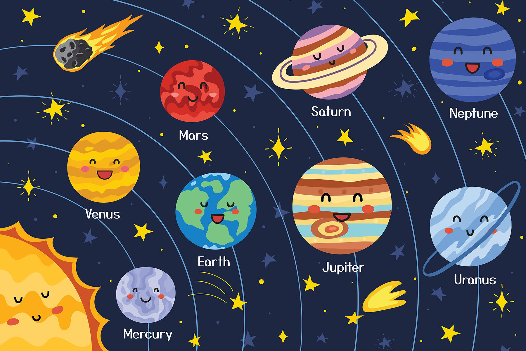 Cartoon planets and stars in space Cartoon planets and stars in space