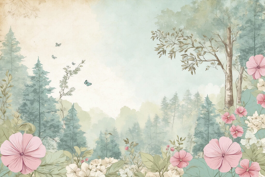 Een schilderij van bloemen en bomen Een schilderij van bloemen en bomen