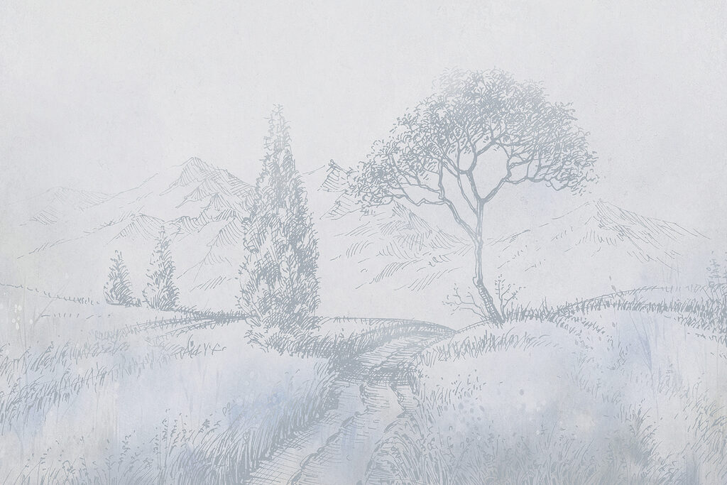 Een tekening van een rivier met bomen en bergen Een tekening van een rivier met bomen en bergen