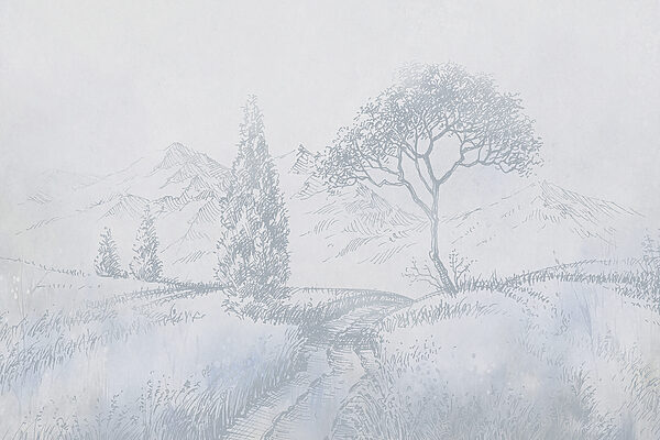 Een tekening van een rivier met bomen en bergen Een tekening van een rivier met bomen en bergen