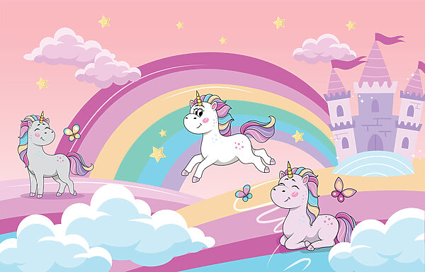 Een cartoon eenhoorns en een regenboog Een cartoon eenhoorns en een regenboog