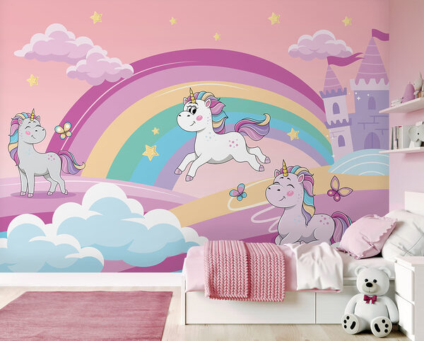 Een cartoon eenhoorns en een regenboog Een cartoon eenhoorns en een regenboog