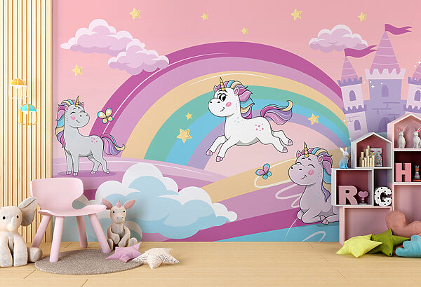 Een cartoon eenhoorns en een regenboog Een cartoon eenhoorns en een regenboog