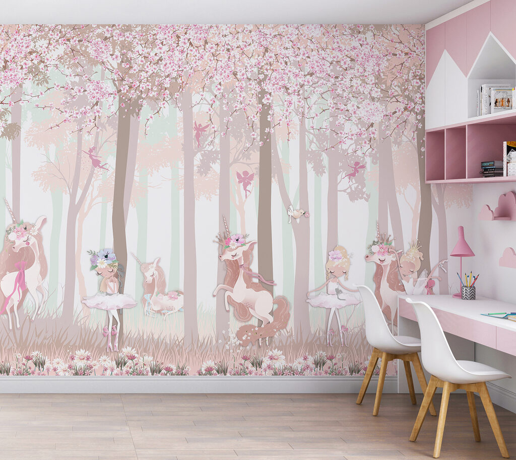 A wallpaper with a group of unicorns and fairies