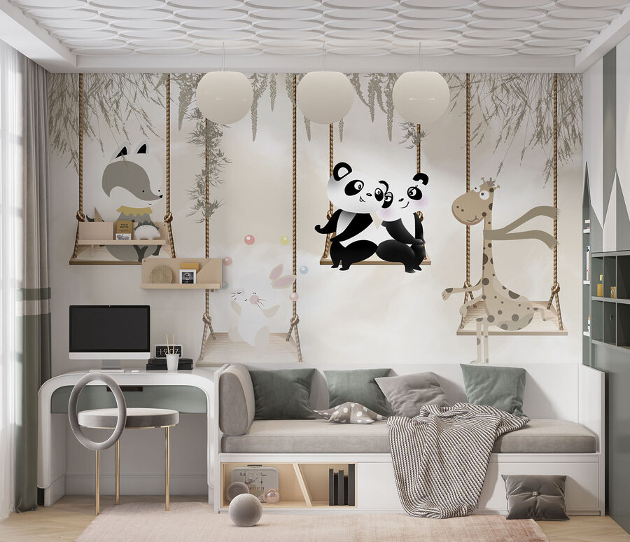 Een groep dieren op schommels