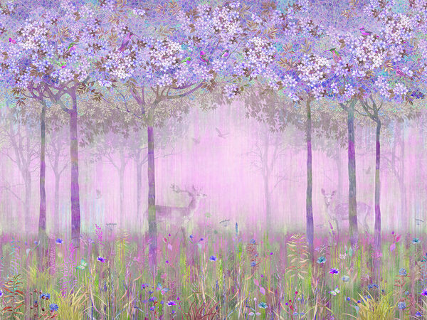 Een schilderij van een bos met bloemen Een schilderij van een bos met bloemen