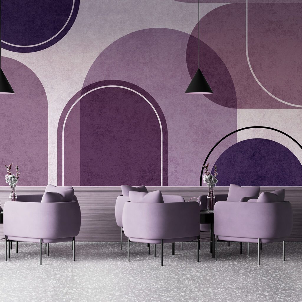 A purple and white background with ovals and ovals