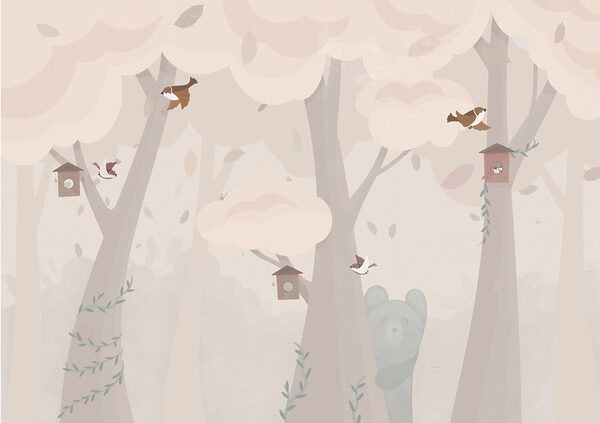 Een cartoon van een beer en vogels in een bos Een cartoon van een beer en vogels in een bos