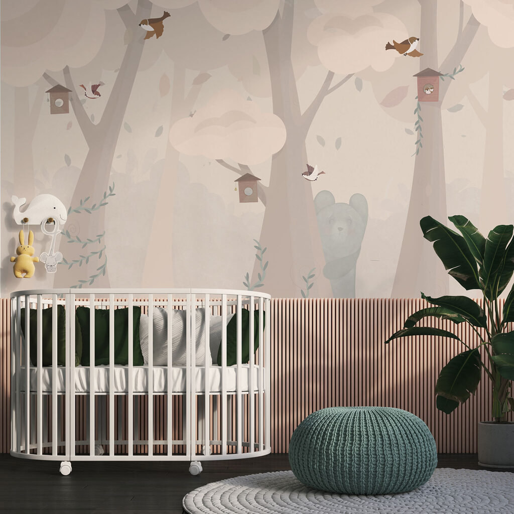 A cartoon of a bear and birds in a forest A cartoon of a bear and birds in a forest