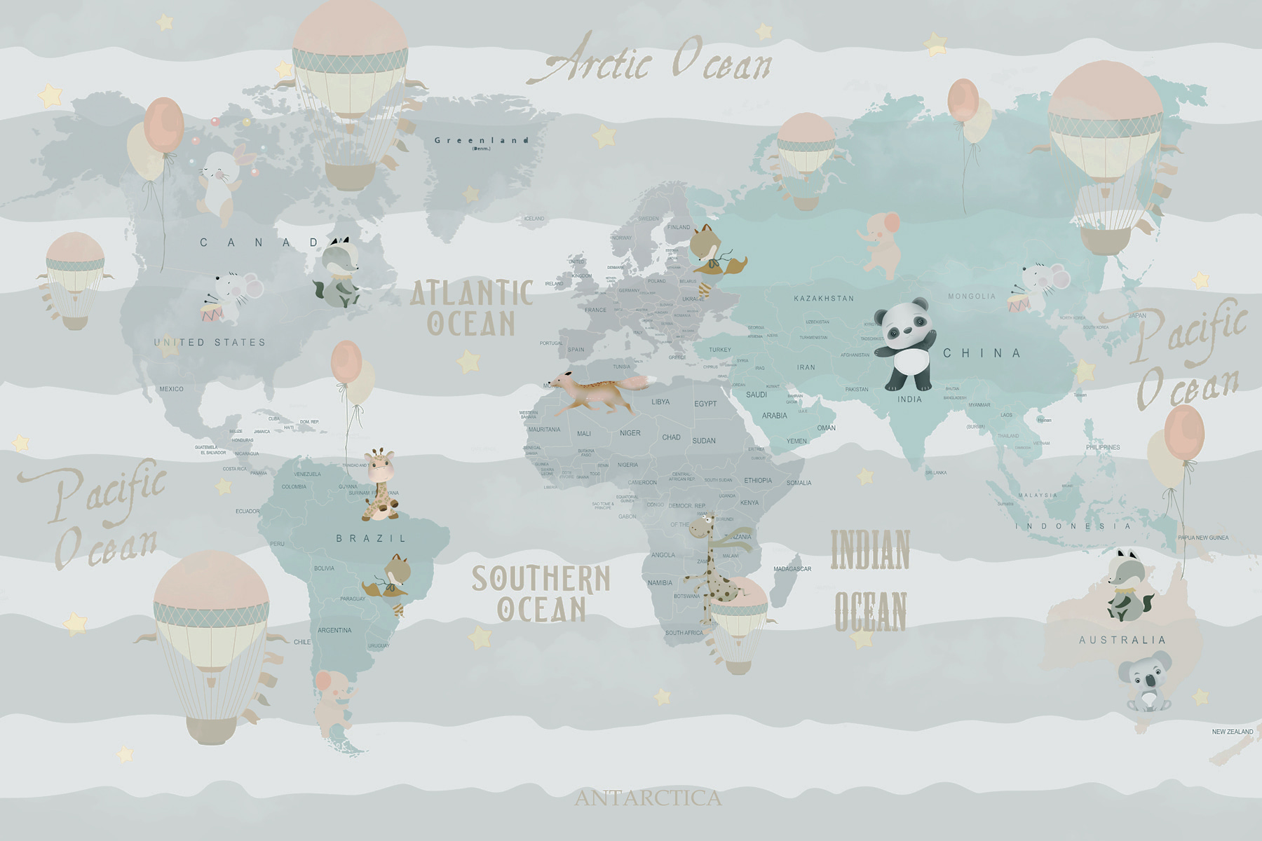 A map of the world with animals and balloons