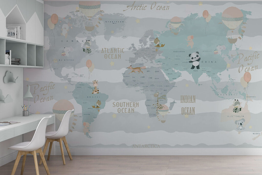 A map of the world with animals and balloons