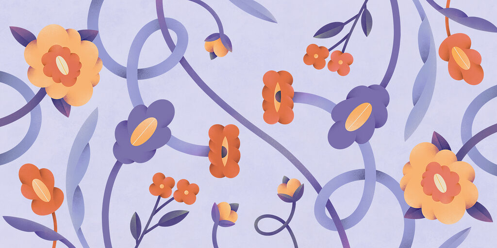 Paarse en oranje bloemen en wijnranken Paarse en oranje bloemen en wijnranken