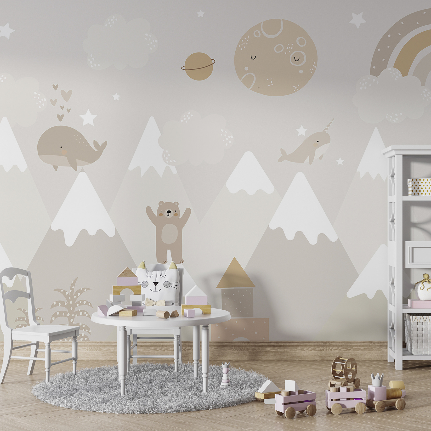 A wall mural of a cartoon landscape