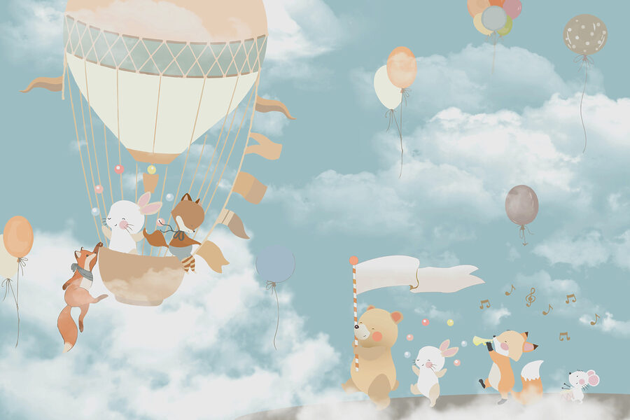 Een cartoon van dieren in een heteluchtballon Een cartoon van dieren in een heteluchtballon
