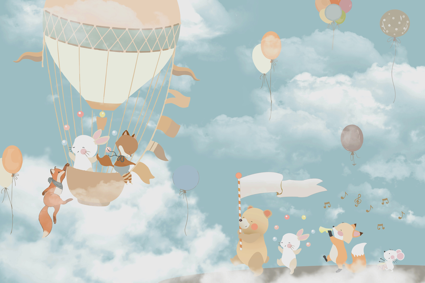 A cartoon of animals in a hot air balloon A cartoon of animals in a hot air balloon
