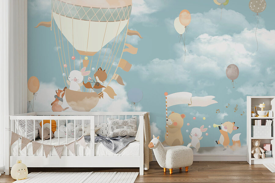 Een cartoon van dieren in een heteluchtballon Een cartoon van dieren in een heteluchtballon