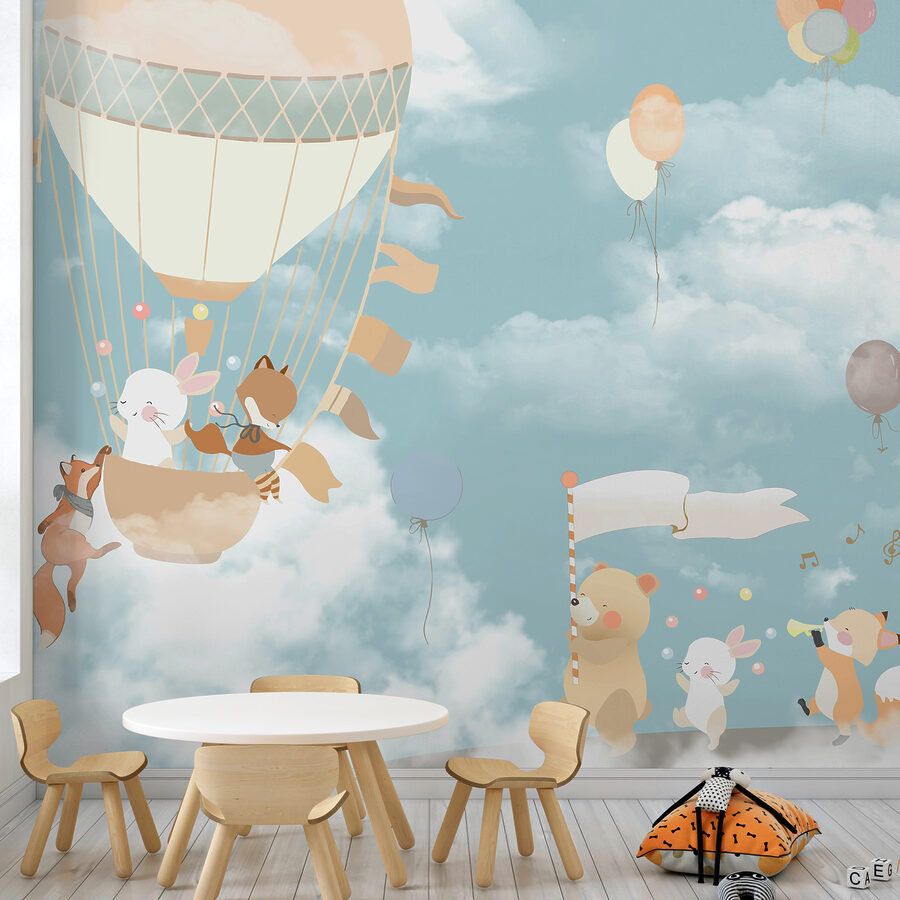 Een cartoon van dieren in een heteluchtballon Een cartoon van dieren in een heteluchtballon