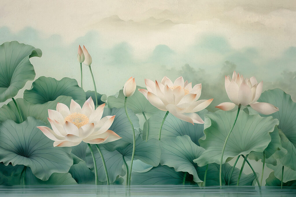 Een schilderij van bloemen en bladeren Een schilderij van bloemen en bladeren