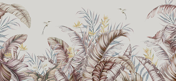 Een schilderij van tropische planten en vogels Een schilderij van tropische planten en vogels