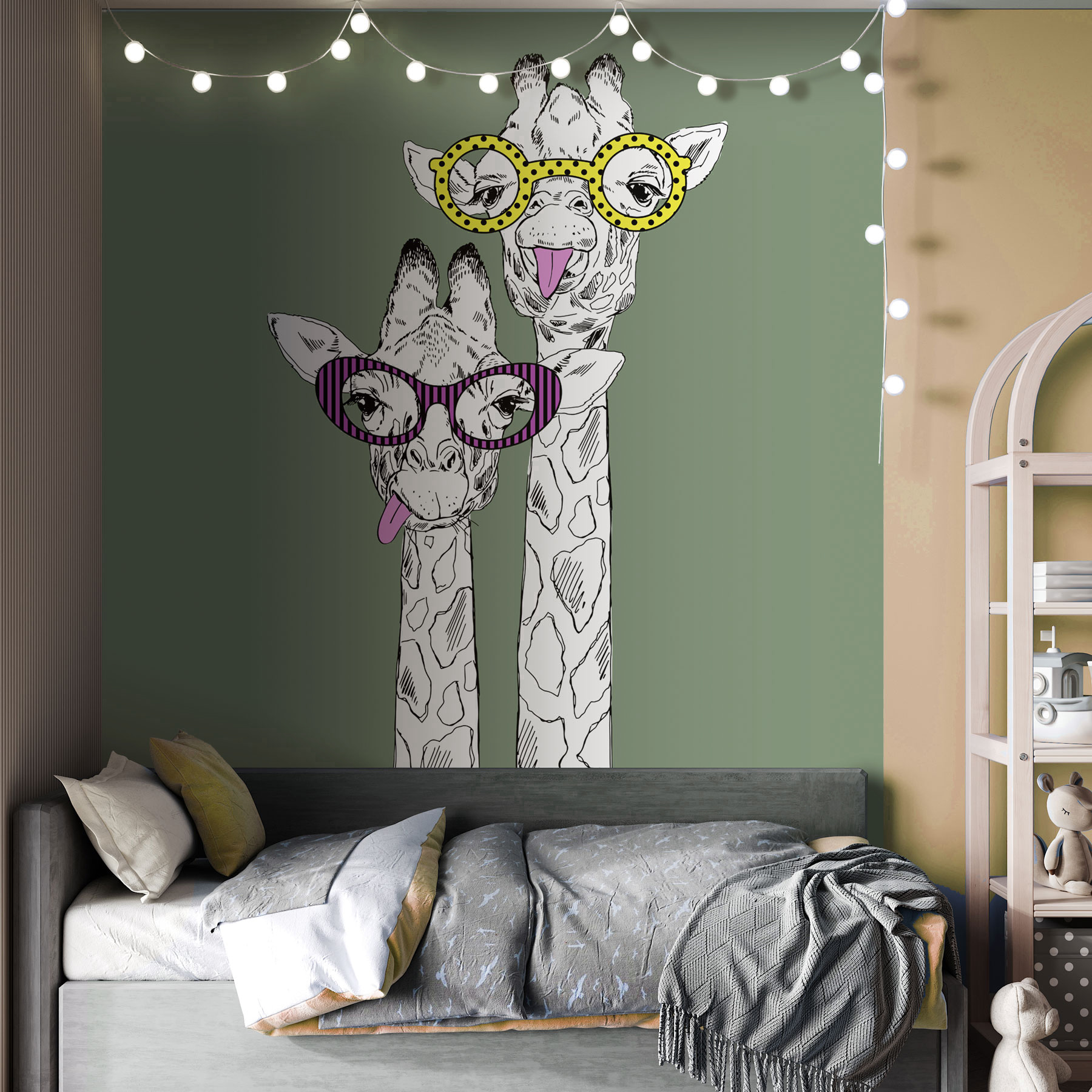 A couple of giraffes wearing glasses
