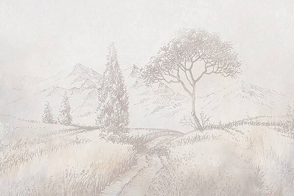 A drawing of a river running through a field