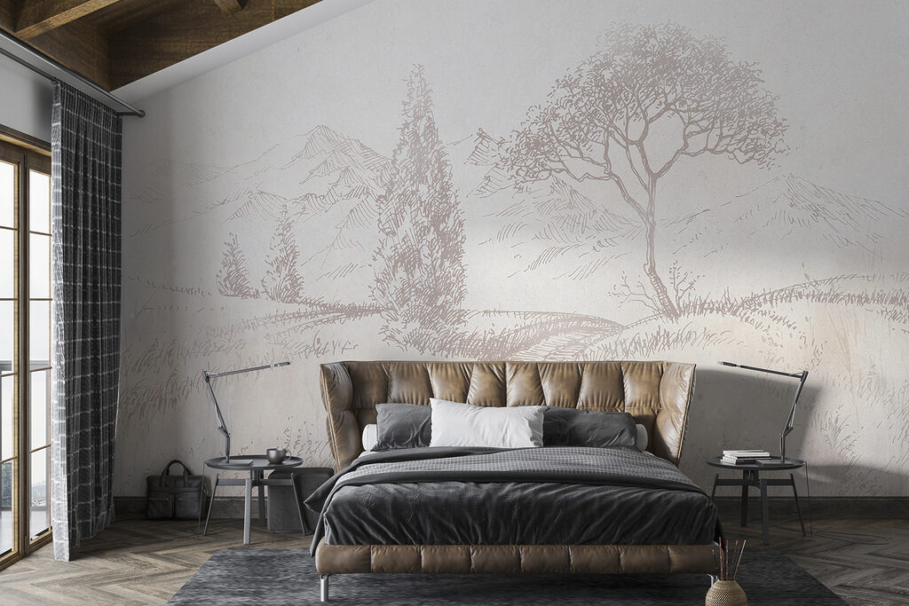 A drawing of a river running through a field