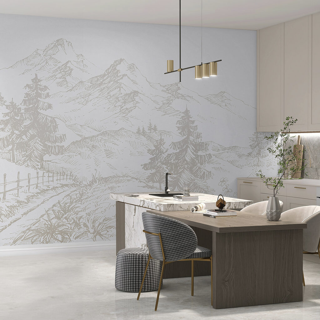 A drawing of a road and trees A drawing of a road and trees