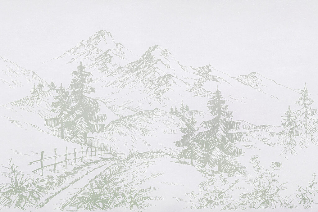 Een tekening van een weg en bomen Een tekening van een weg en bomen