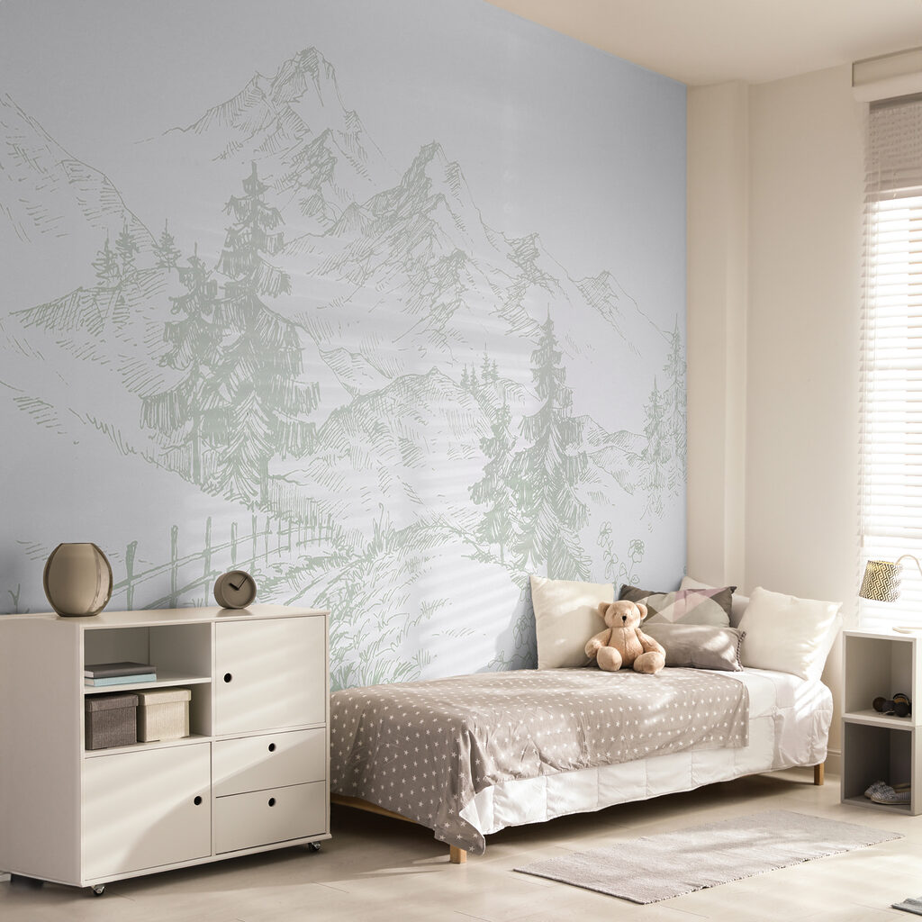 A drawing of a road and trees