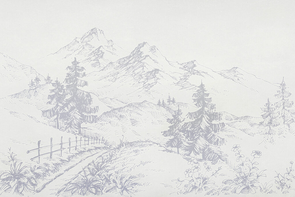 Een tekening van een weg en bergen Een tekening van een weg en bergen
