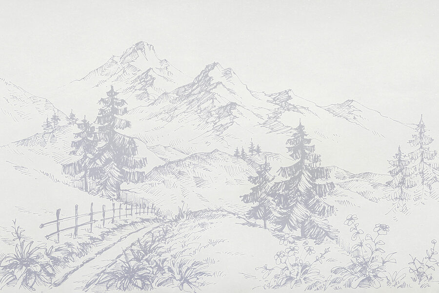 Een tekening van een weg en bergen Een tekening van een weg en bergen