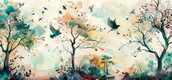 Een schilderij van vliegende vogels Een schilderij van vliegende vogels