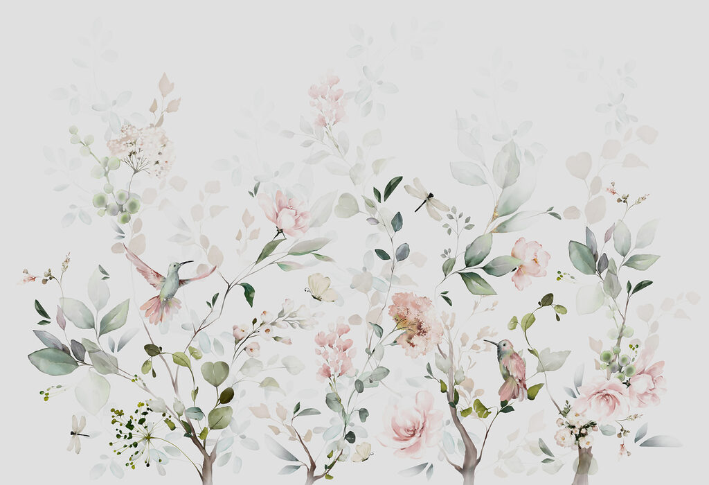 Een schilderij van bloemen en vogels Een schilderij van bloemen en vogels