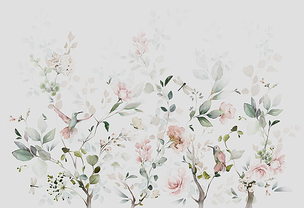 Een schilderij van bloemen en vogels Een schilderij van bloemen en vogels
