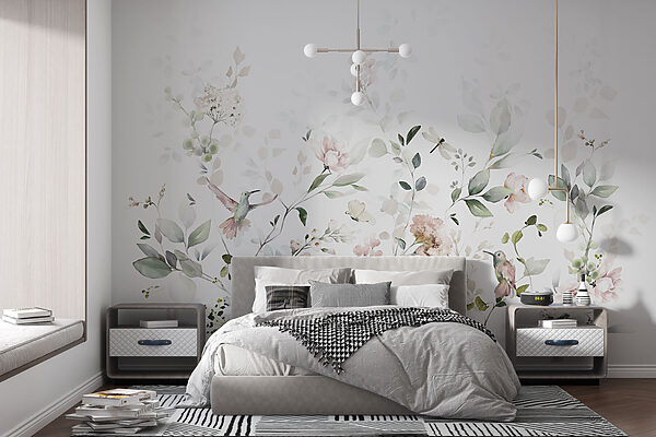 Een schilderij van bloemen en vogels Een schilderij van bloemen en vogels