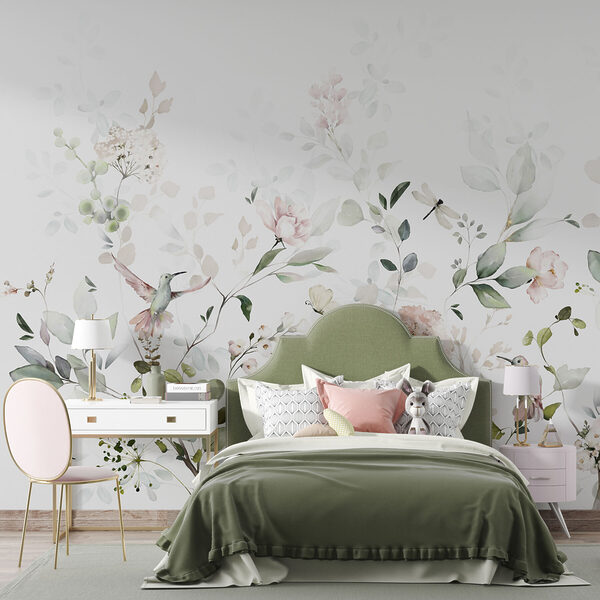 Een schilderij van bloemen en vogels Een schilderij van bloemen en vogels