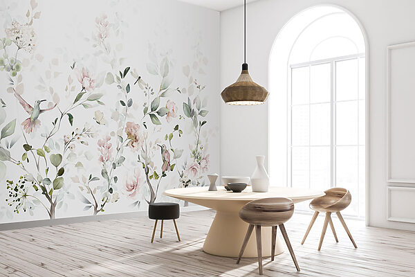 Een schilderij van bloemen en vogels Een schilderij van bloemen en vogels