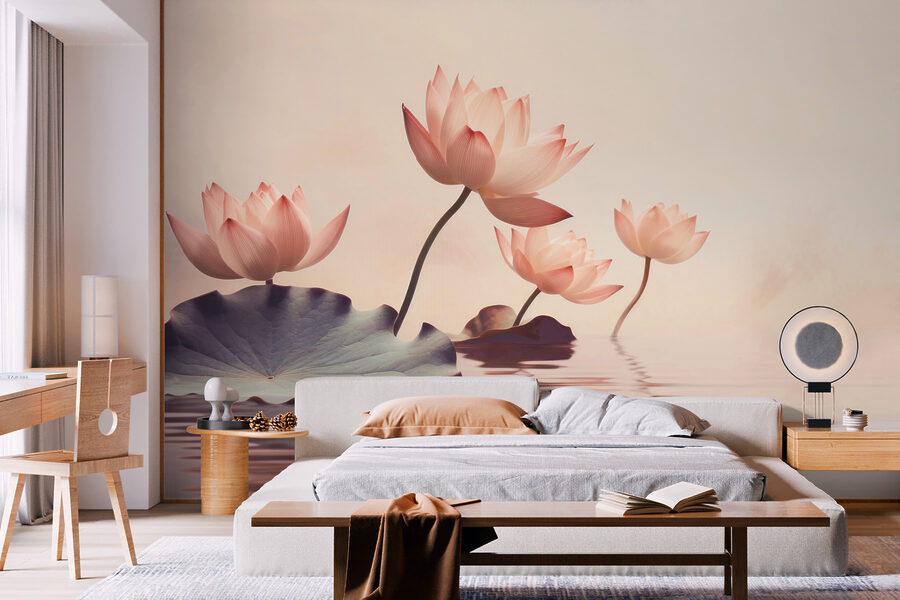 Een groep roze bloemen in water